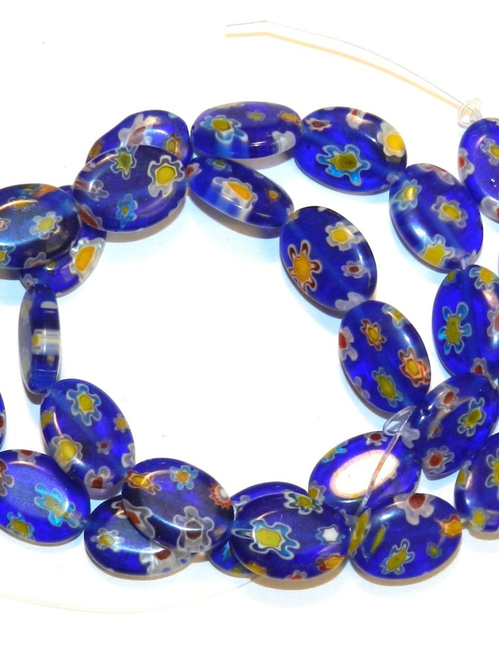 G3763 Dark Blue Multiple Flower 14mm Flat Puffed Oval Millefiori Glass Beads 14" - Picture 3 of 3